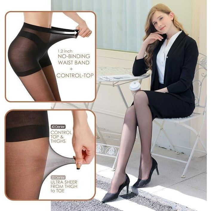 G&Y 3 Pairs Women's XL Sheer Tights 20D Control Top Pantyhose Reinforced Toes
