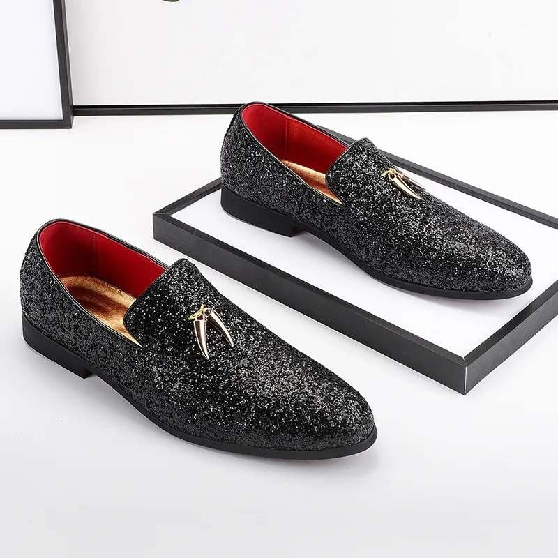Santimon Mens US 6 Black Metal Tassels Glitter Sequin Slip On Loafers Shoes