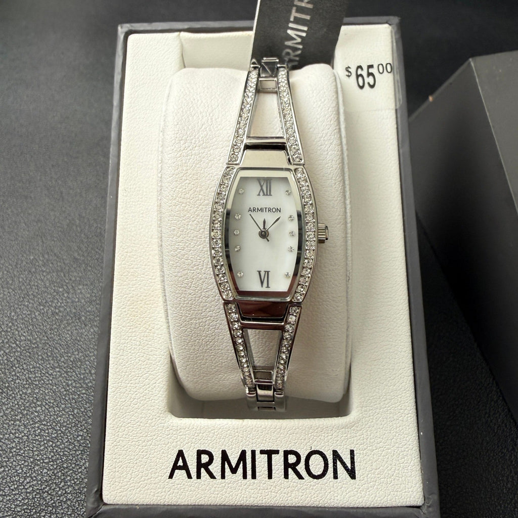 MSRP $65 Armitron 75/3531 Women's Silver Tone Crystal Bangle Watch New Battery