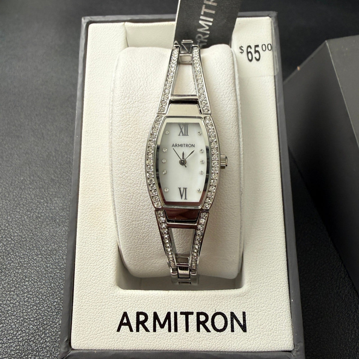 MSRP $65 Armitron 75/3531 Women's Silver Tone Crystal Bangle Watch New Battery