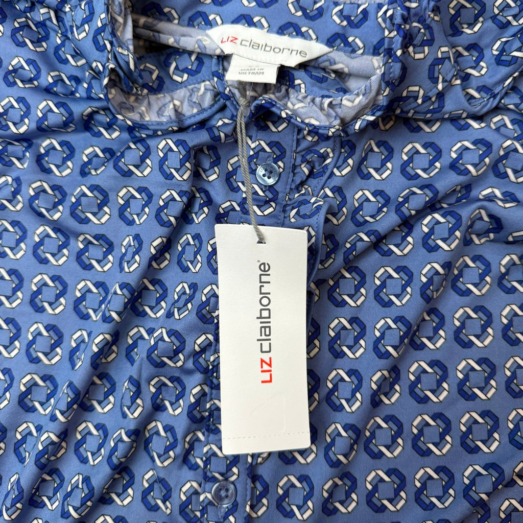 MSRP $48 Liz Claiborne Womens XS Blue Linked Geo 3/4 Sleeve Blouse