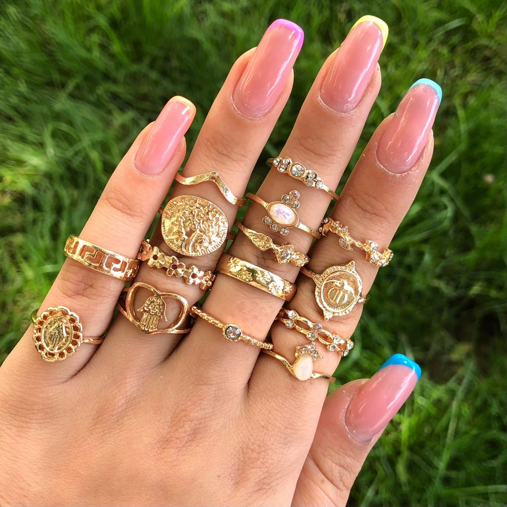 15 pcs Midi Ring, Rings for Women, Gold Ring Set, Antique Rings, Chevron Ring