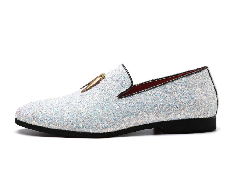 Santimon Men's US 6.5 - 12.5 White Glitter Slip-on Metal Tassels Loafers Shoes