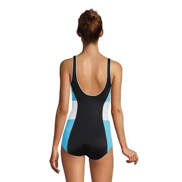 Land's End Women's 14 Colorblock Sporty Tugless One Piece Swimsuit Black/turquo