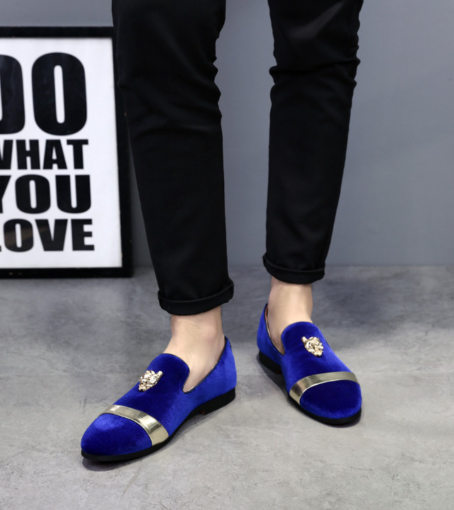 Santimon Mens US 7-11 Blue Velvet Loafers Golden Animal Buckle Slip-On Shoes