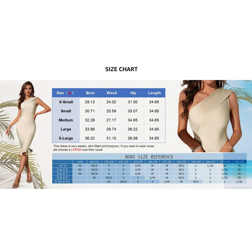 UONBOX Women's XS Red One Shoulder Sleeveless Bodycon Dress Midi Mermaid Banda