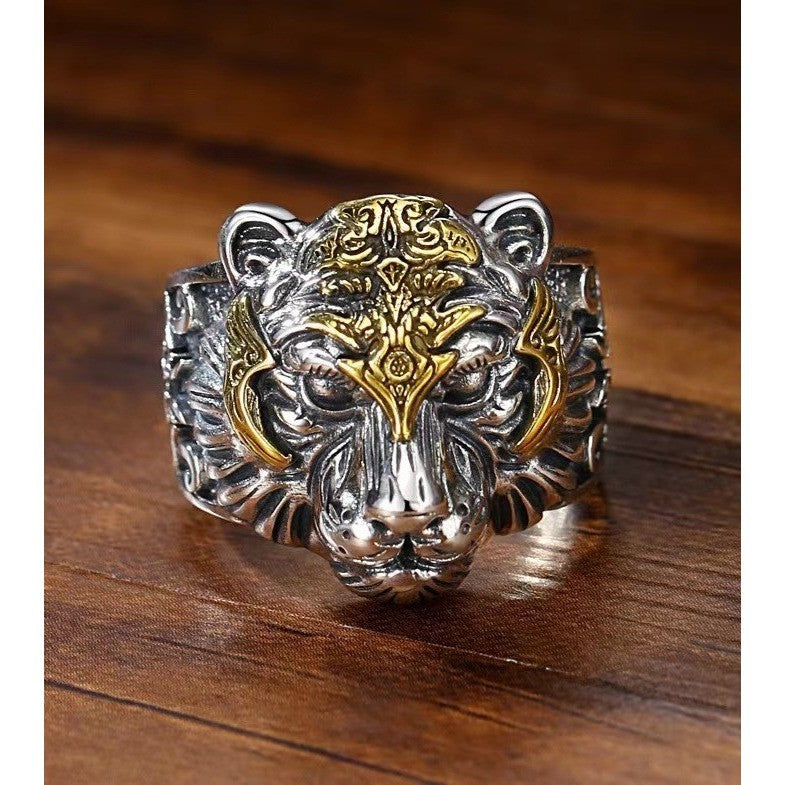 Tiger Head Ring Men's Two Tone Gothic Biker Rock Punk Size 9 Adjustable 8-10