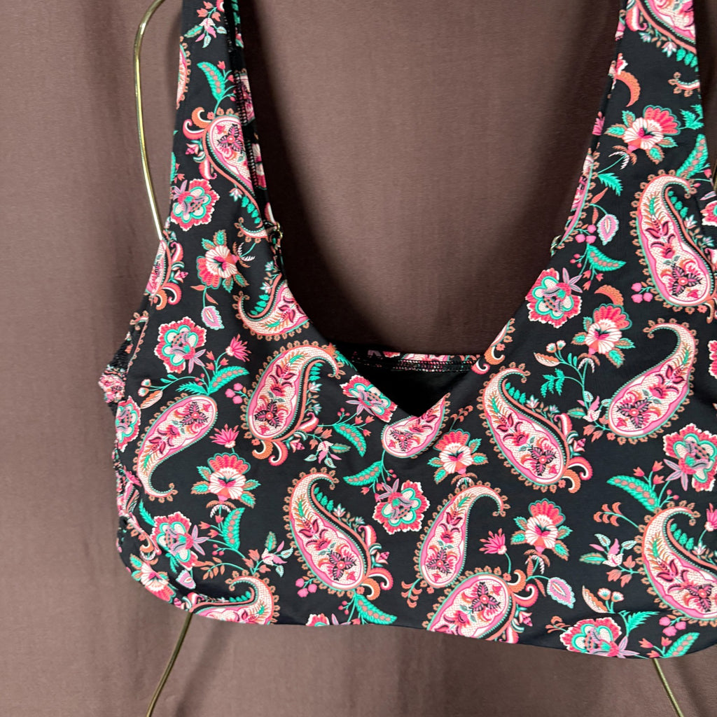 Lands' End Women's L, L LONG Black Paisley V Neck Smocked Bikini Top UPF50 This