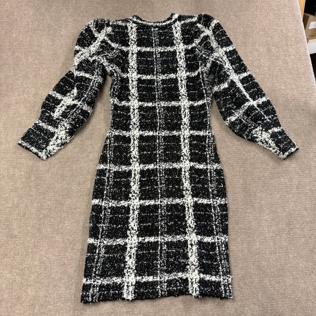 MSRP $86 Melonie T Womens XS Black Ivory Plaid Knit Puff Sweater Dress