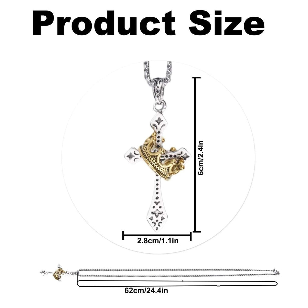 Mens Cross Necklace Silver Tone w/ Gold Tone Crown Pendant Christian Jewelry