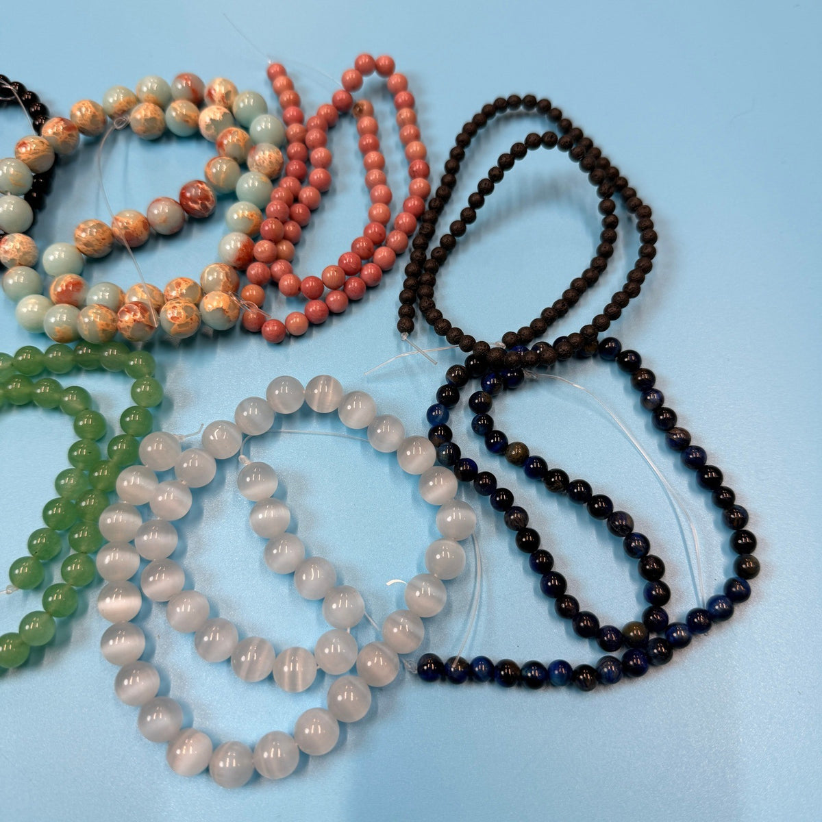 Set of 10 Natural Gemstone Round Beads Strands 15" Sizes 6,8,10 mm 10oz №B28