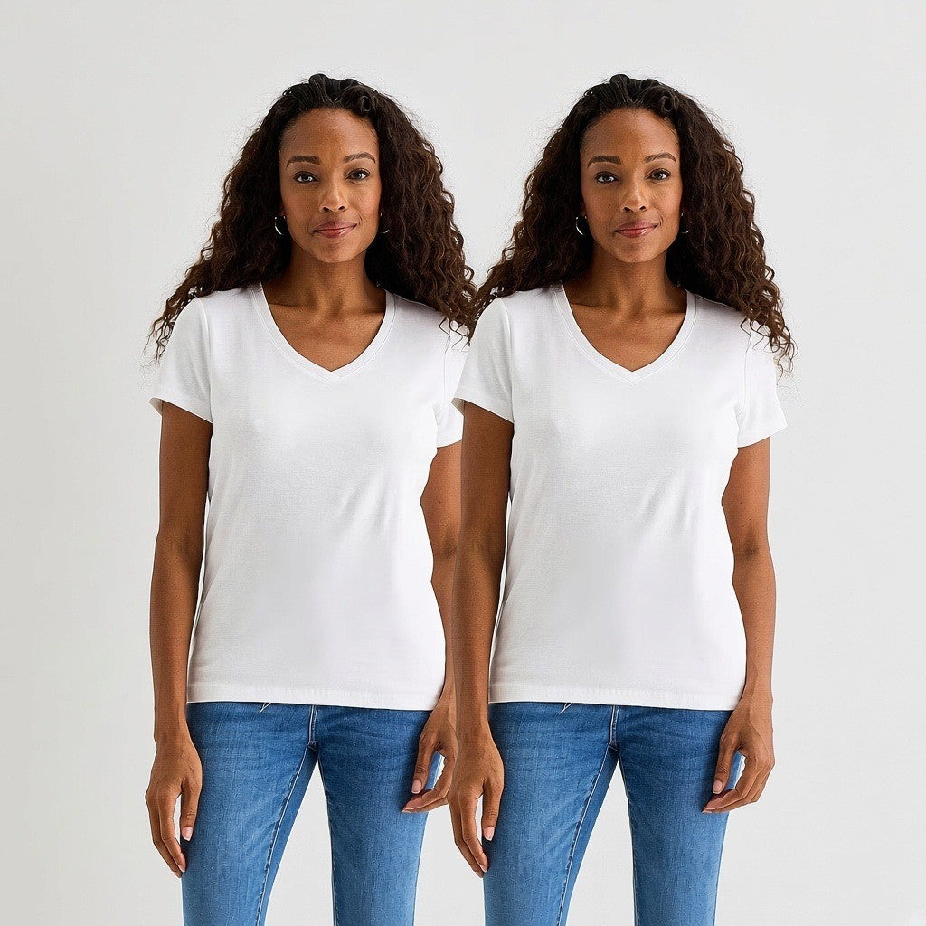 Set of 2 NWT St. John's Bay Womens L Petite White V Neck T-Shirt Short Sleeve