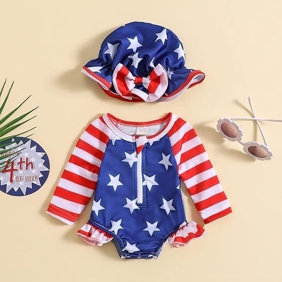 MSRP $26 Baby Girl 90 (6-12M) American Flag Long Sleeve Zipper One Piece Swimsu