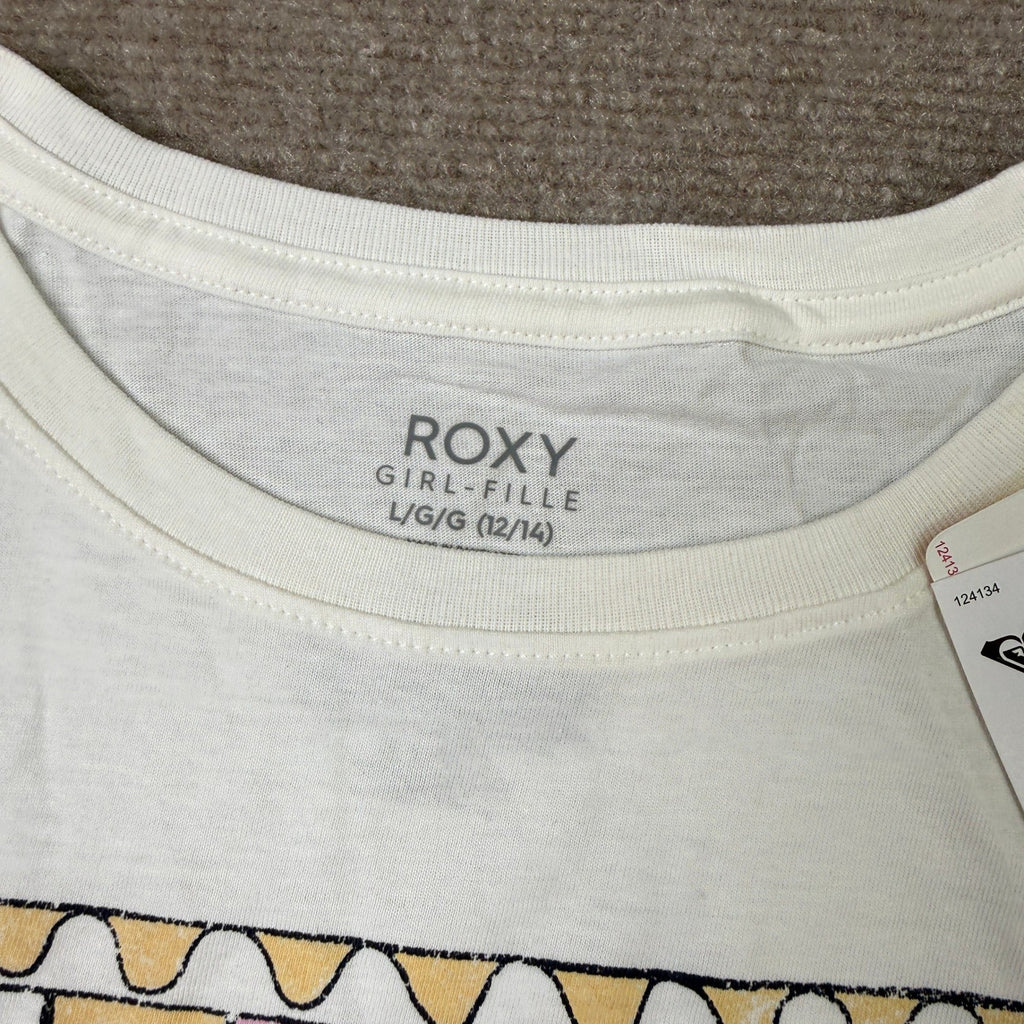MSRP $22 Roxy Girls L 12-14 Egret Sun-Kissed Short Sleeve Oversized Fit Logo Tee
