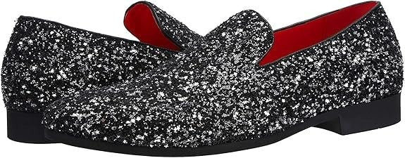 Santimon Mens US 8 - 11 Black Slip On Sequins Glitter Smoking Loafers Dress Shoe