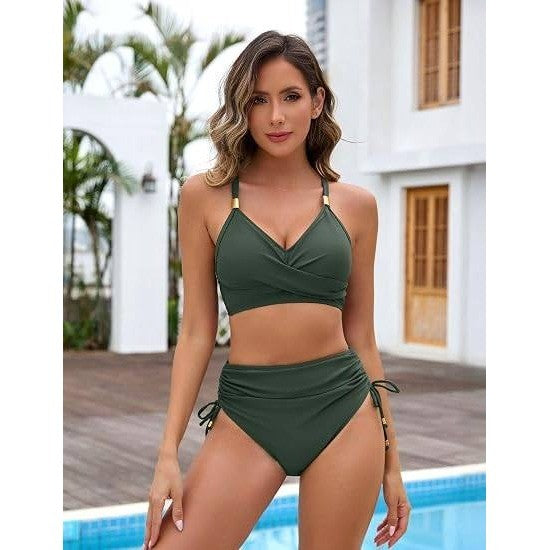 MSRP $39 Blooming Jelly Women's L Green Swimsuits Two Piece High Waisted