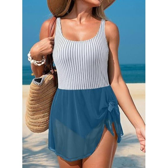 MSRP $36 Aleumdr Womens XL Sky Blue Stripe One Piece Swimdress Swimsuit Tumm