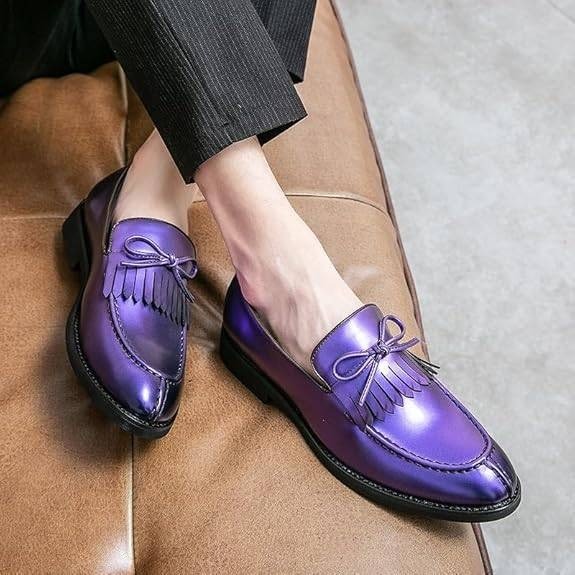 Santimon Men's US 8 Purple Moc Toe Kiltie Bow Slip On Loafers Casual Boat Shoes