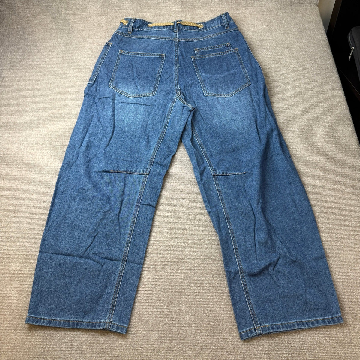 PLNOTME Womens 10 Blue Baggy Barrel Horseshoe Jeans Wide Leg Patchwork Low