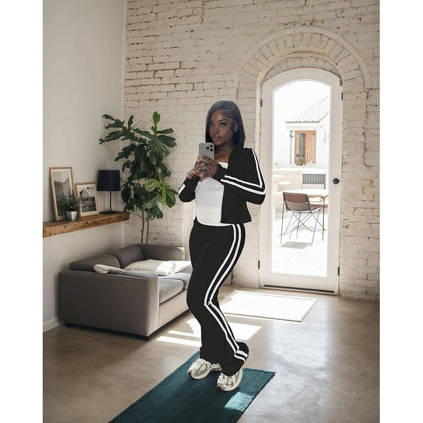 MSRP $37 HBQ Women's M 2 Piece Sweatsuit Set Zip Up Crop Top and Flare Pants Ca