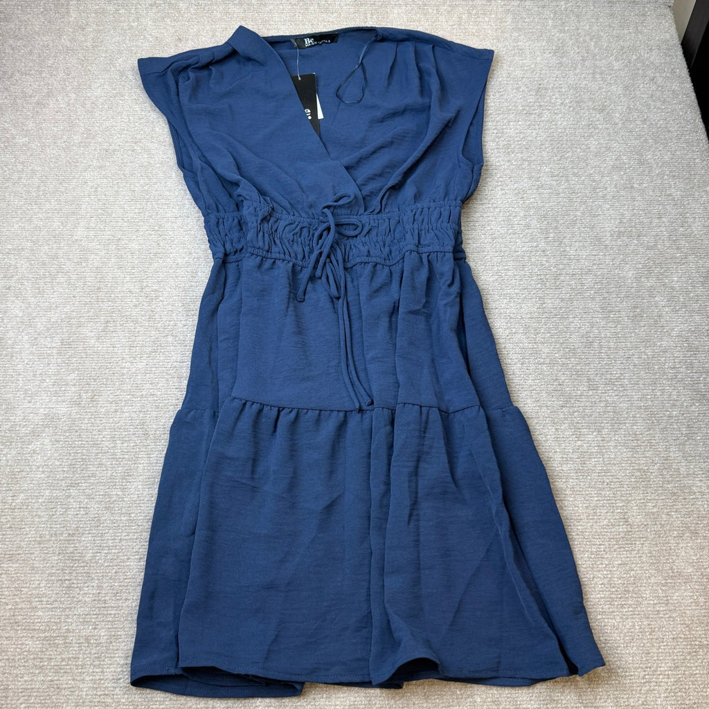 NWT Be by CHETTA B Womens L Navy V Neck Sleeveless Tiered Mini Dress