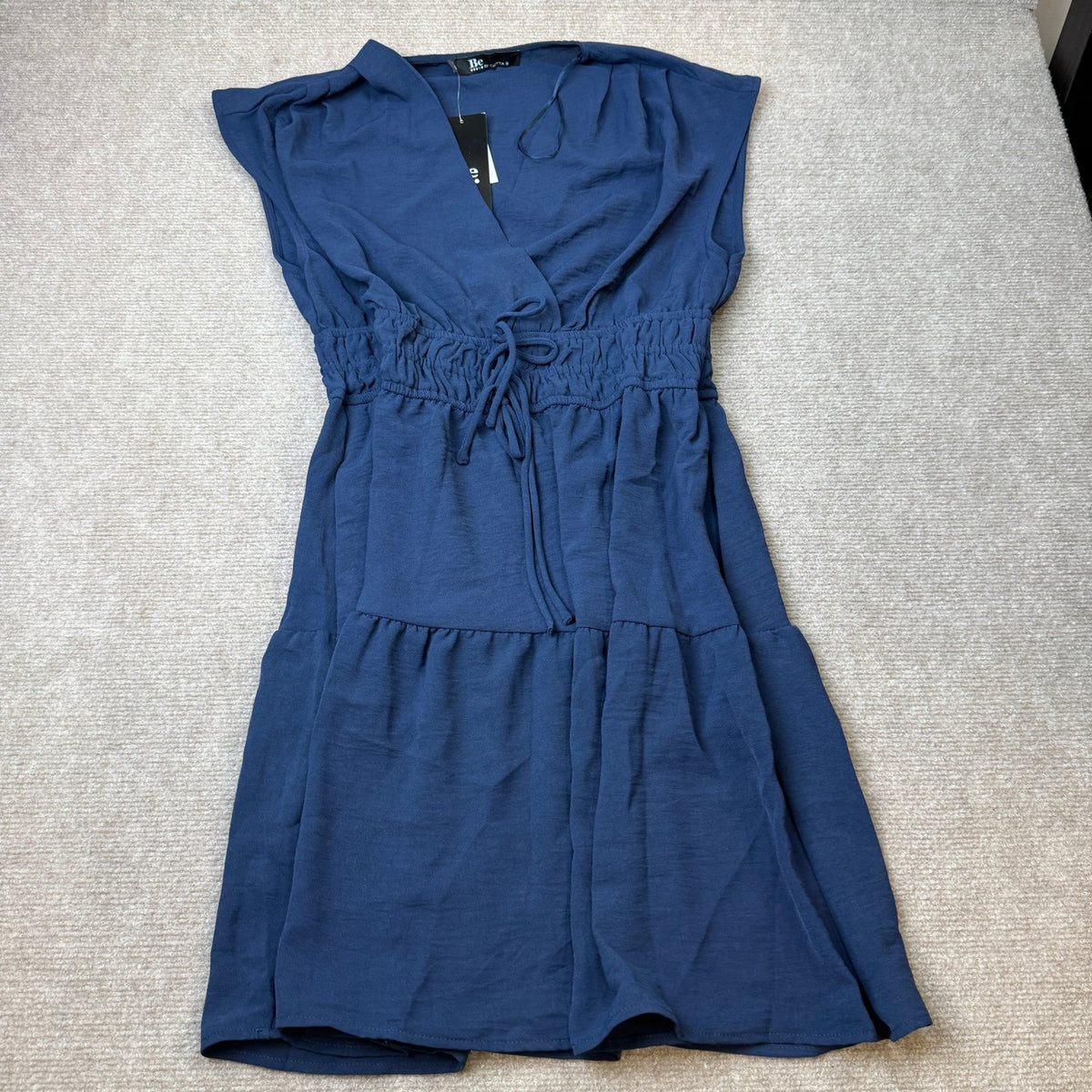NWT Be by CHETTA B Womens L Navy V Neck Sleeveless Tiered Mini Dress