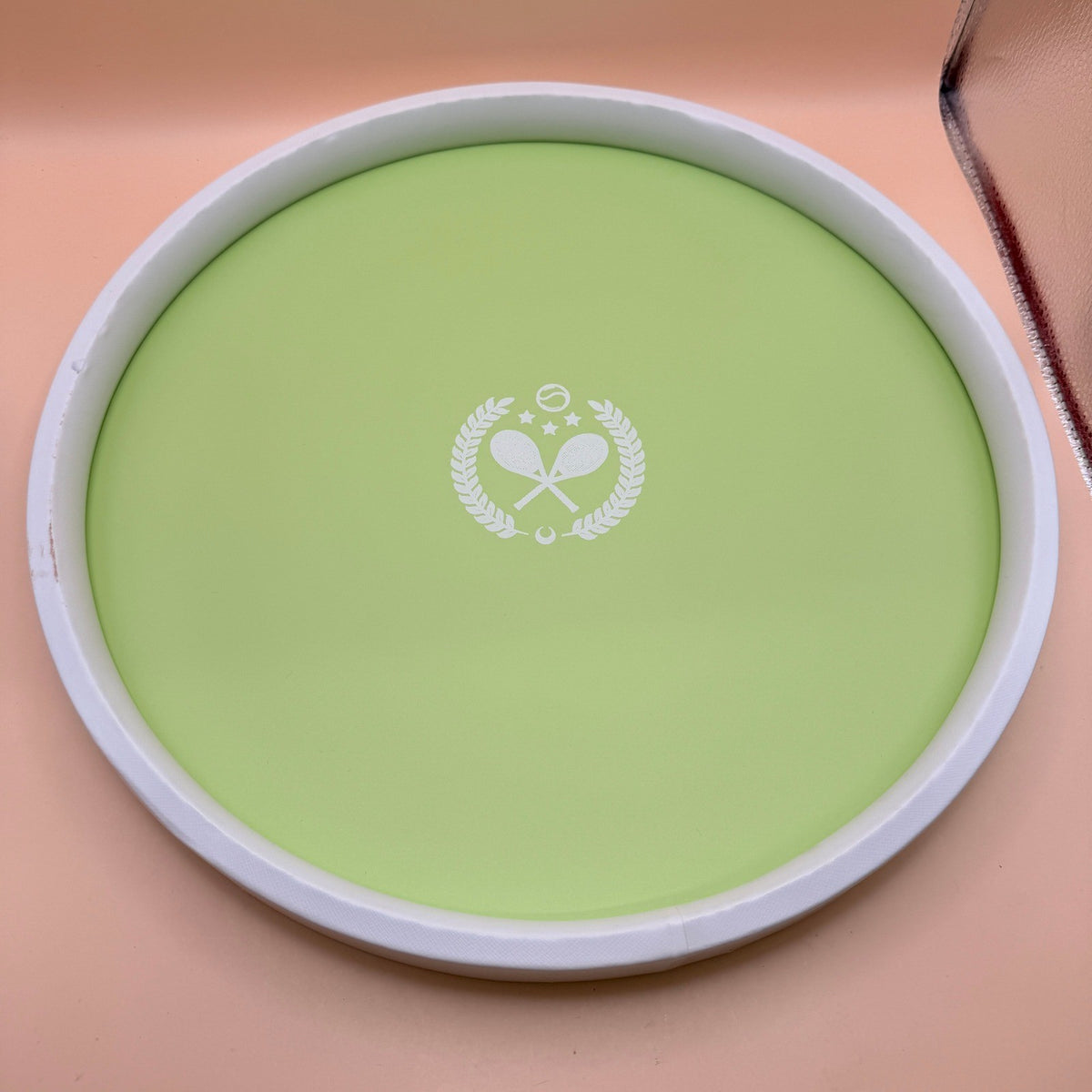 Kraftware 14" Round Tennis Light Green Leatherette Serving Tray, W/ SPOT