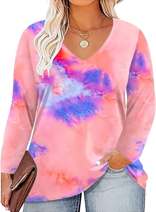 ROSRISS Womens Plus Size 14W-28W Top Long Sleeve Tee V-Neck Tunic Blouse T-Shirt
