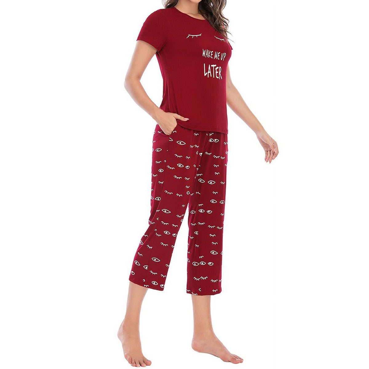 Women's M Pajama Set Round Neck Short Sleeve Sleepwear Print Top & Capri Pants