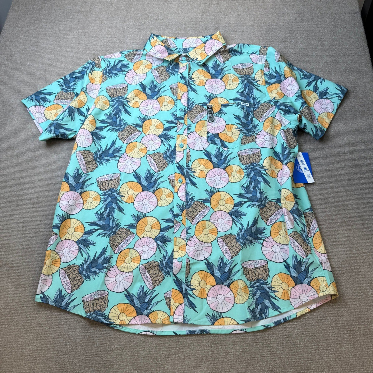 MSRP $40 Hurley Mens XXL Blue Aqua Bahia Pineapple Woven Button Up Shirt Short
