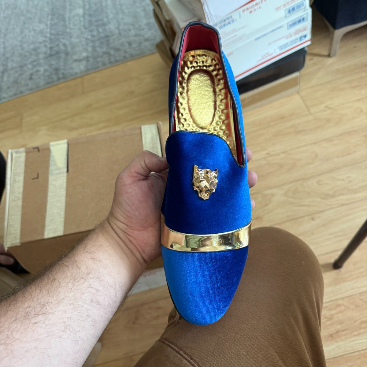 Santimon Mens US 7-11 Blue Velvet Loafers Golden Animal Buckle Slip-On Shoes