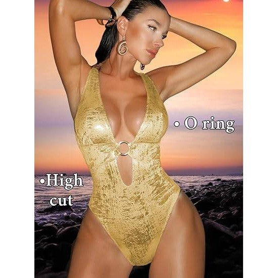MSRP $48 ChiaoLezhee Women's XXL Gold Metallic One Piece Swimsuit Sexy Plunge
