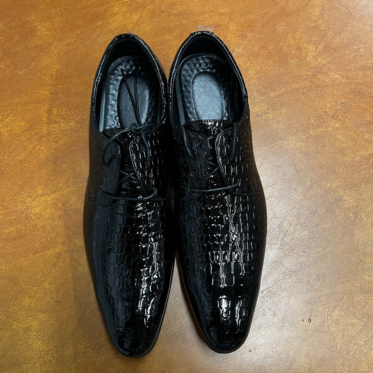 Santimon Men's US 8 - 12.5 Black Oxfords Alligator Patent Leather Dress Shoes