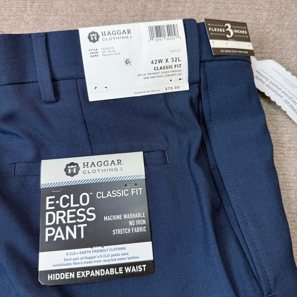 MSRP $70 Haggar HD00218 E-CLO Stria Men's 42x32 Blue Classic Fit Dress Pants