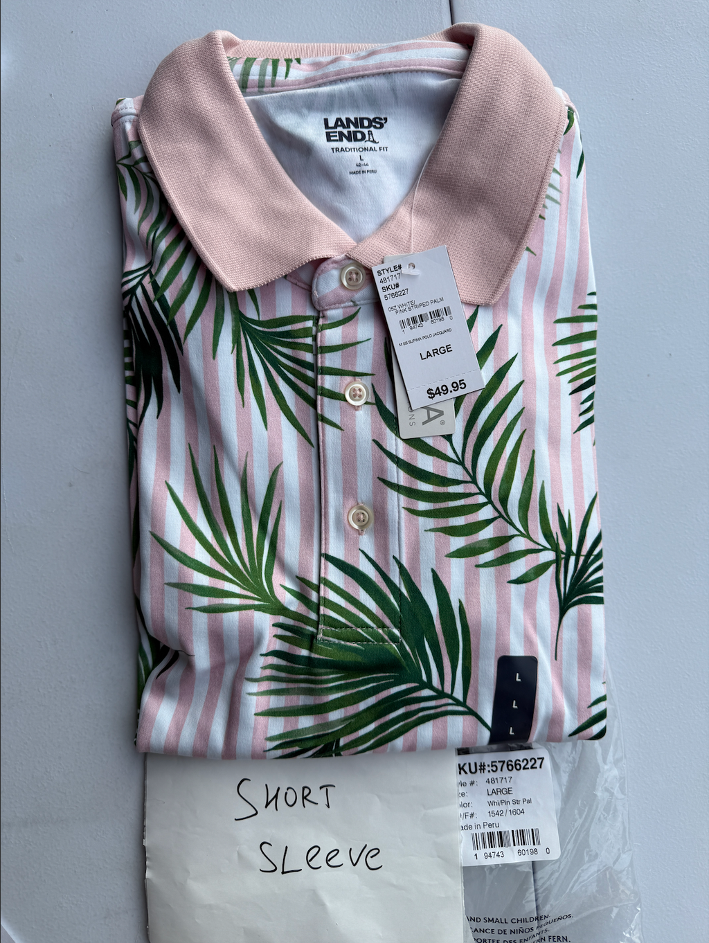 Lands End Mens Jacquard Polo Shirt M-XL Soft Supima Short Sleeve White/Pink Stri