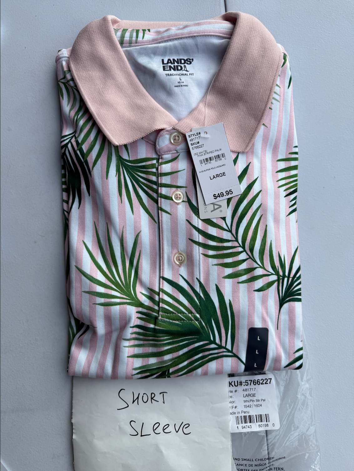 Lands End Mens Jacquard Polo Shirt M-XL Soft Supima Short Sleeve White/Pink Stri