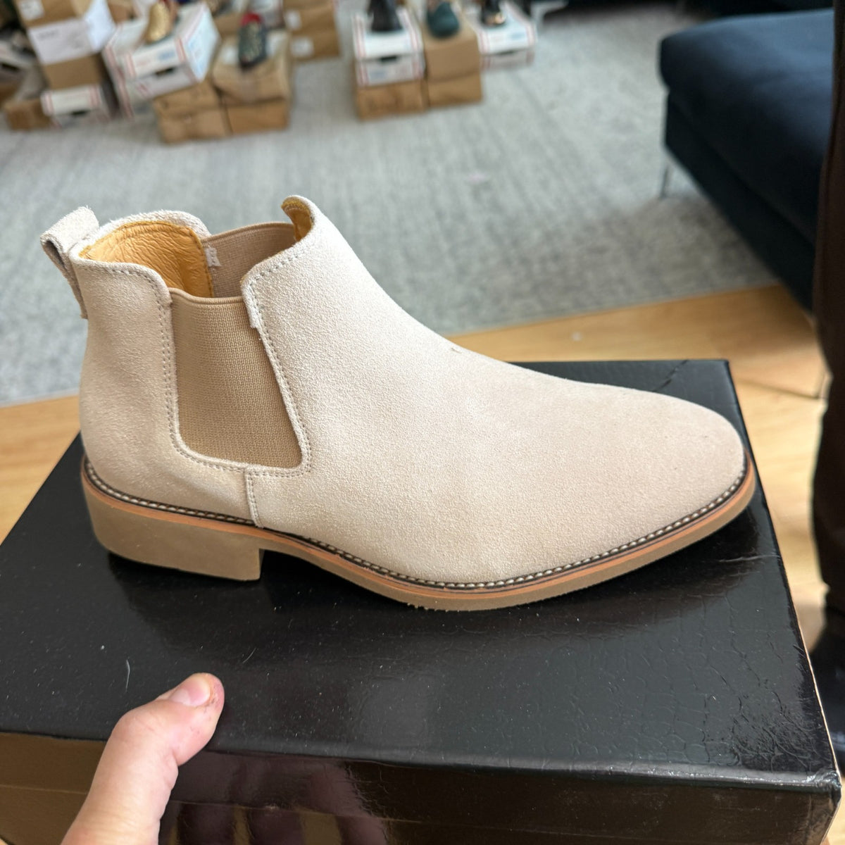 Santimon Men's US 6-6.5 Beige Suede Casual Chelsea Ankle Dress Boots
