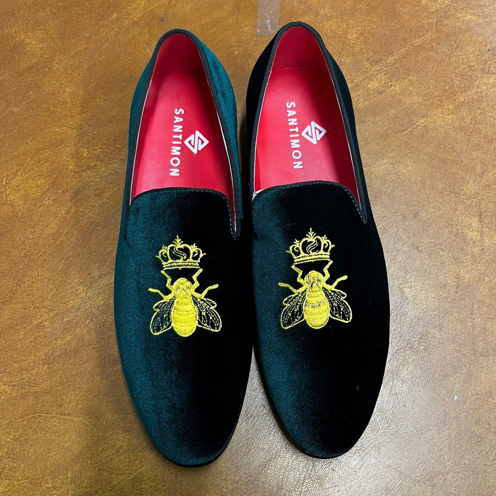 Santimon Mens US 9 Green Velvet Loafers Slip-on Casual Dress Shoes w/ Embroidery