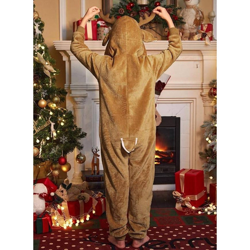 IIMMER Kids 11-12Y Christmas Costume Brown Reindeer Flannel Hooded Jumpsuit