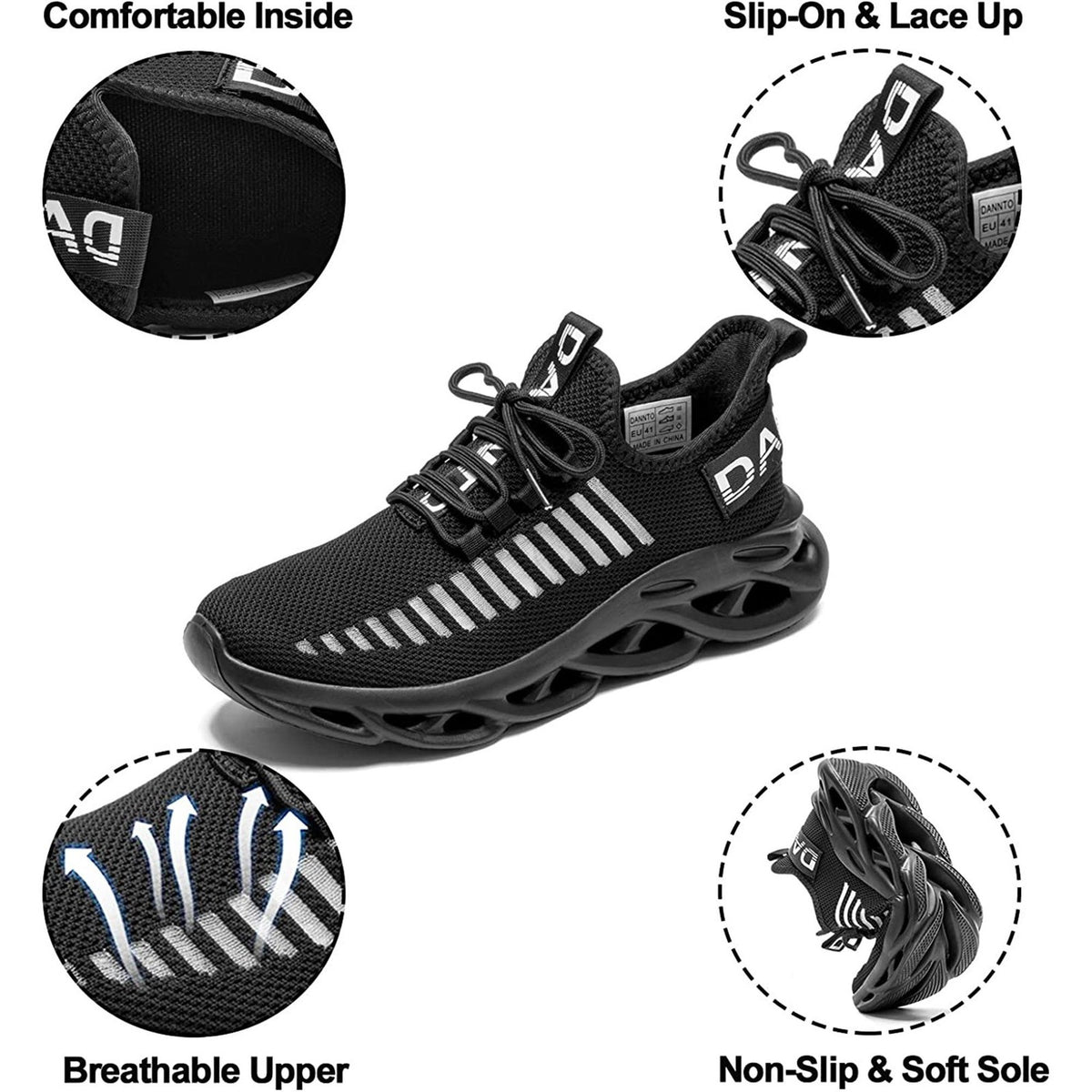 Dannto US Men's 11 / Women's 12 Black Running Shoes Breathable Walking Sneakers