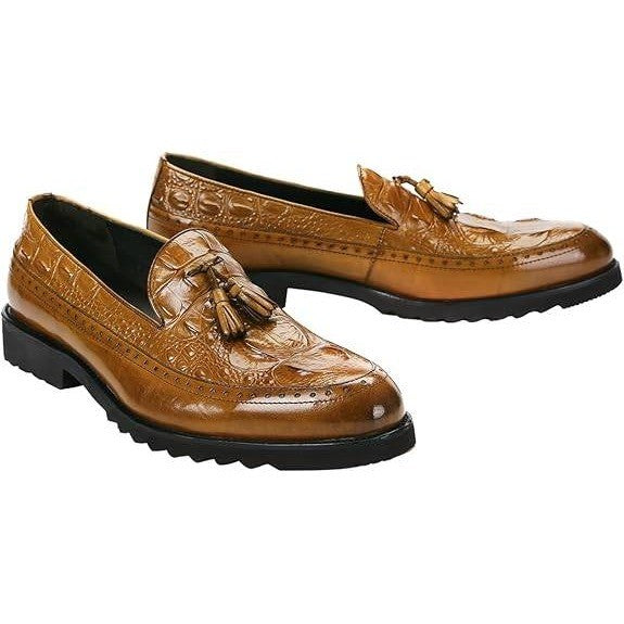 Santimon Men's US 9 Brown Leather Alligator Print Tassel Loafer Slip On Shoes