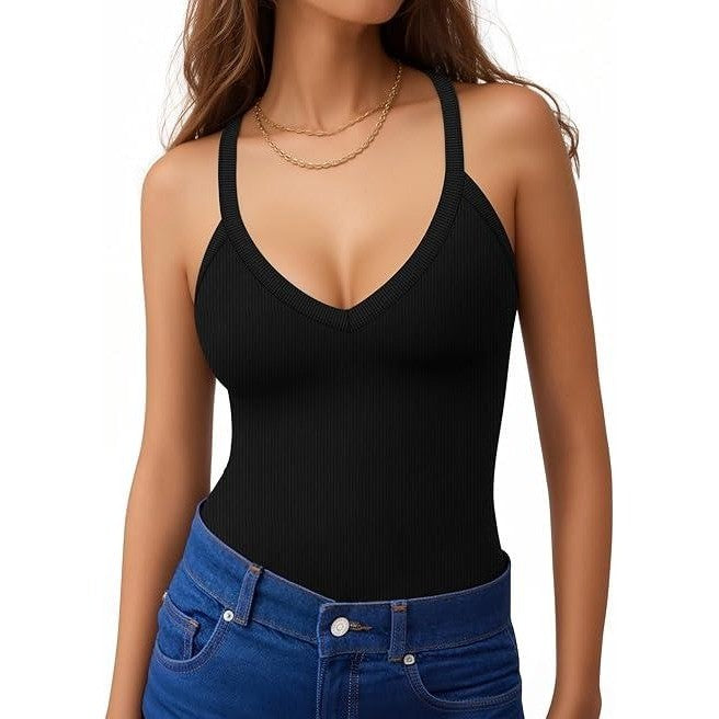 MSRP $20 MANGOPOP Women's M Black V-Neck Ribbed Tank Top Bodysuits Racerback