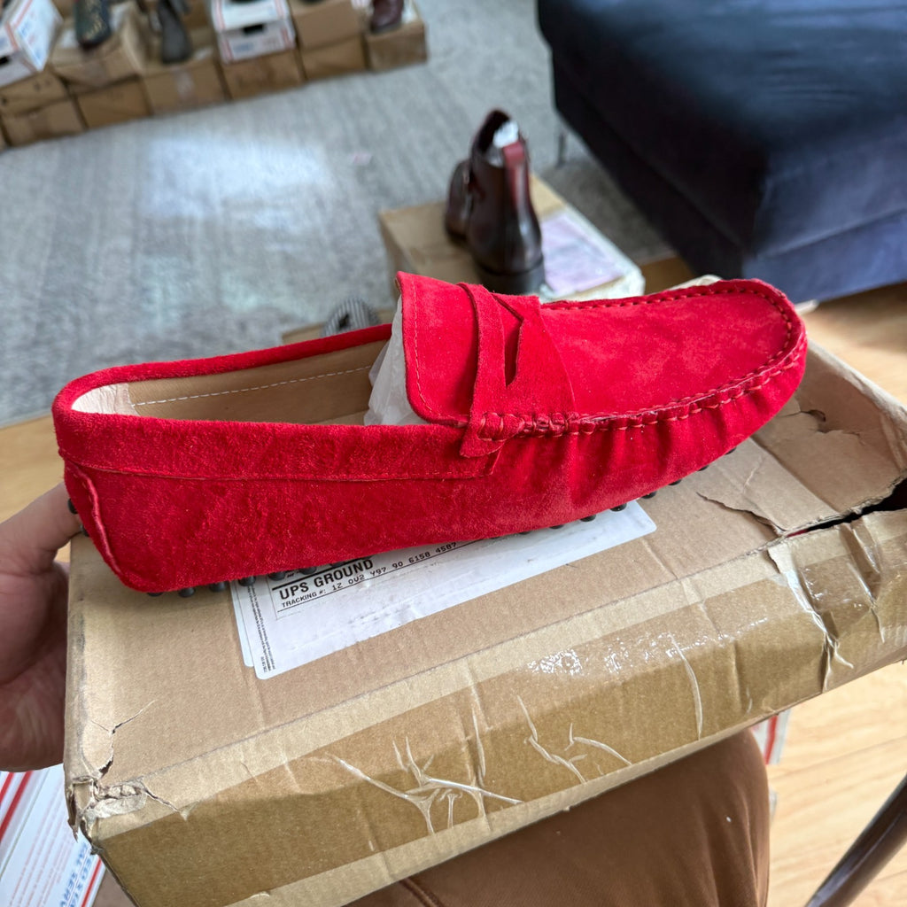 Santimon Mens US 7,9.5 Red Moc Toe Suede Penny Loafers Casual Shoes