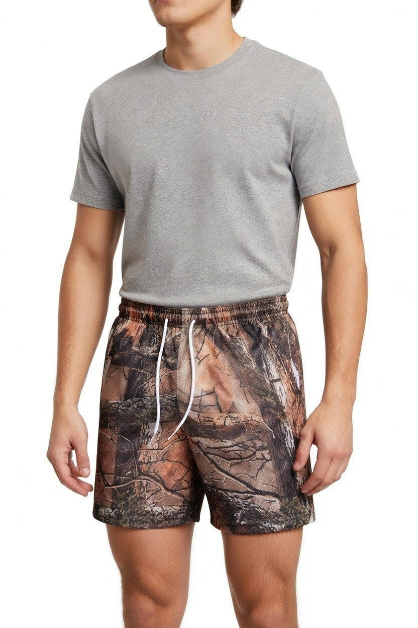Men's Sz M-L Camo Mesh Graphic Print Athletic Shorts with Pockets Elastic Waist