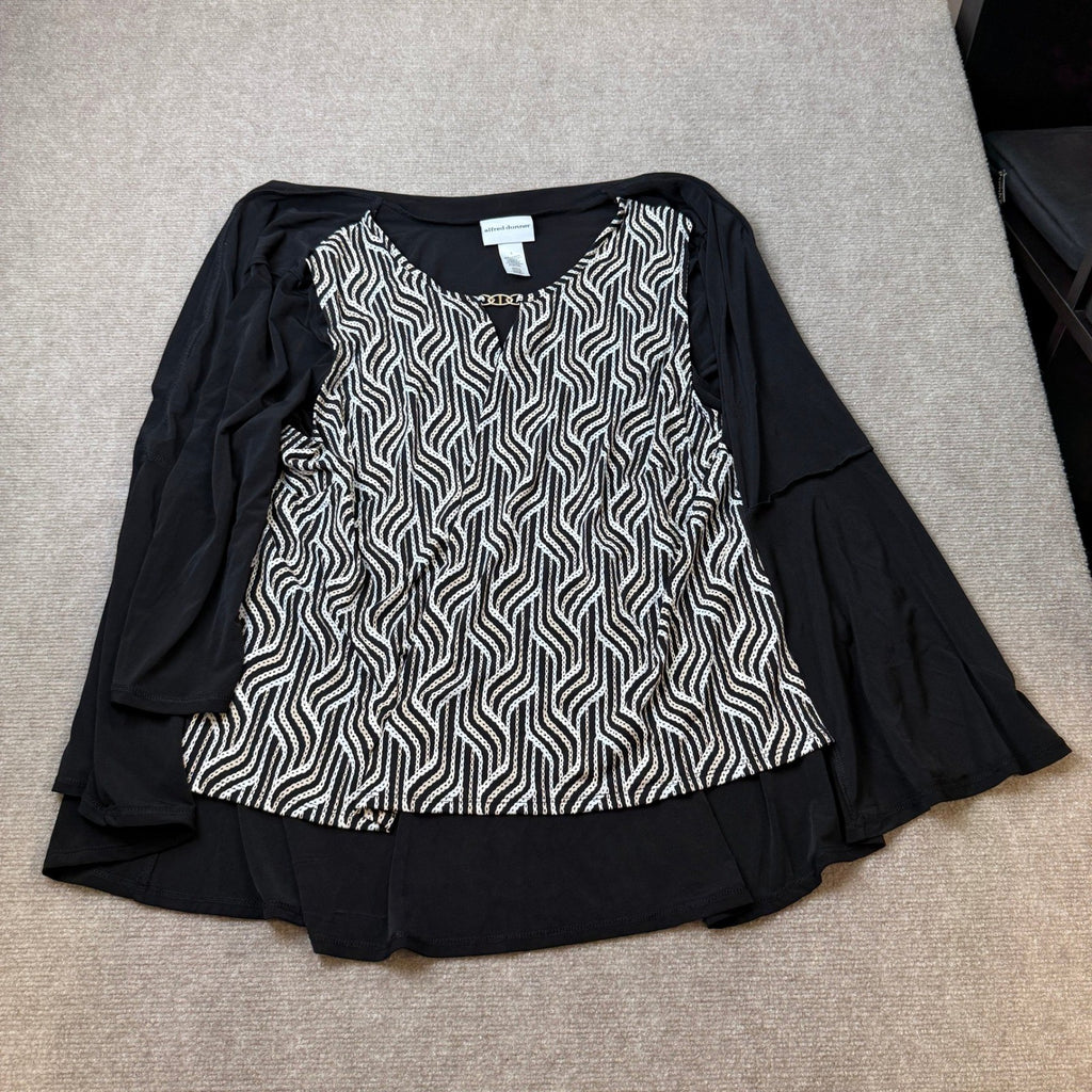 MSRP $69 Alfred Dunner Seville L Black Keyhole Stitch 2-in-1 Cardigan Top 3/4
