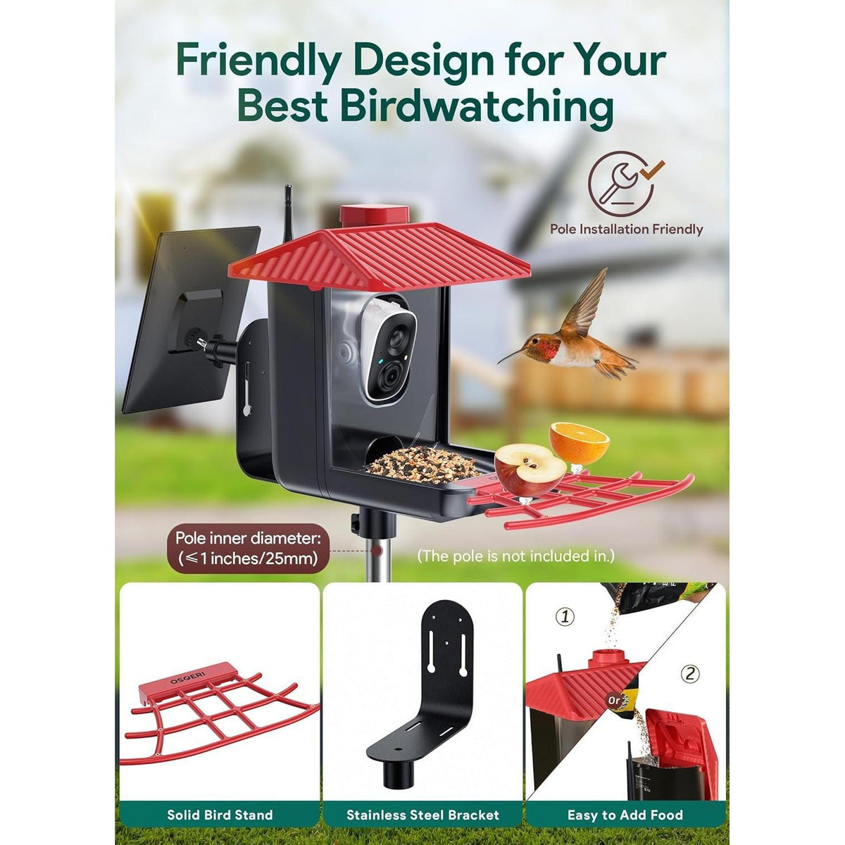 Osoeri OS-BC01 Red/Black Bird Feeder with Camera 1080P HD Smart AI Identify Wild