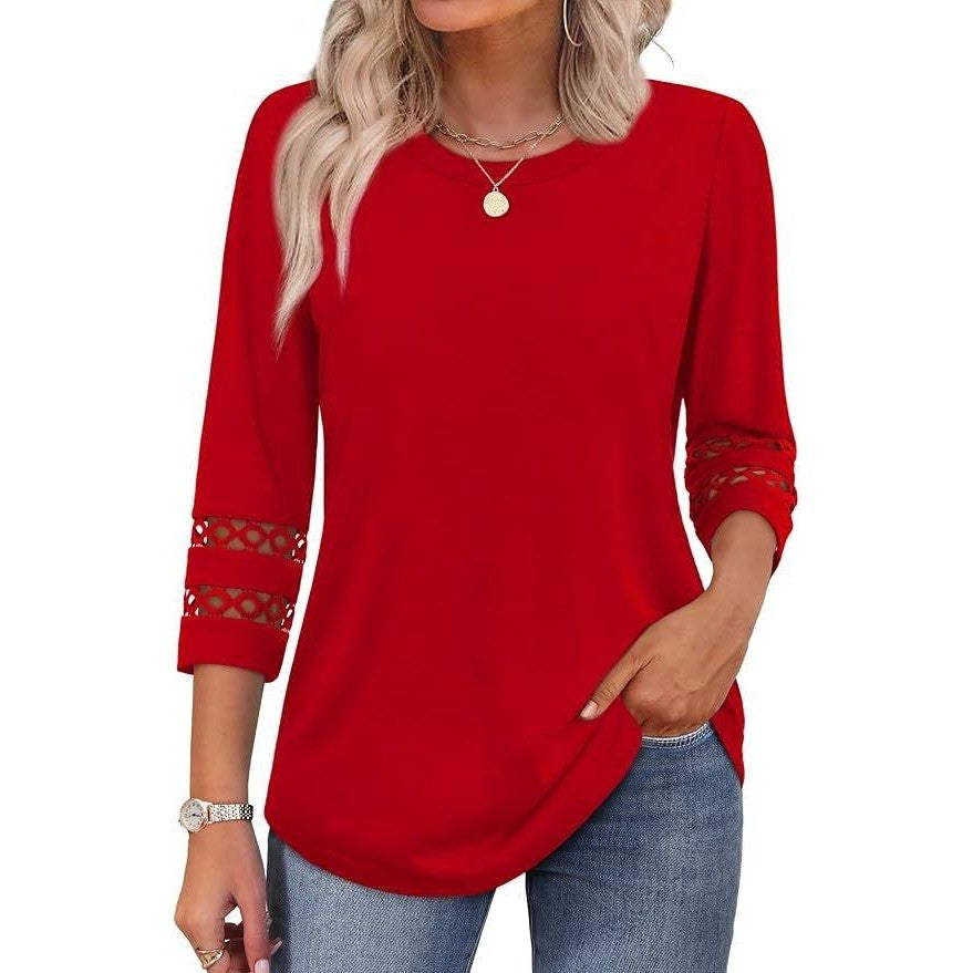 XIEERDUO Women's M 3/4 Length Sleeve Top Crewneck T-Shirt Loose Fit Blouse Red