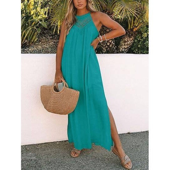 MSRP $52 FARORO Women's XL Peacock Sleeveless Long Dress Boho Halter Maxi