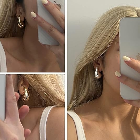 Gold Teardrop Hoop Earrings for Women 22mm, 32mm, Chunky Dangle, Hypoallergenic