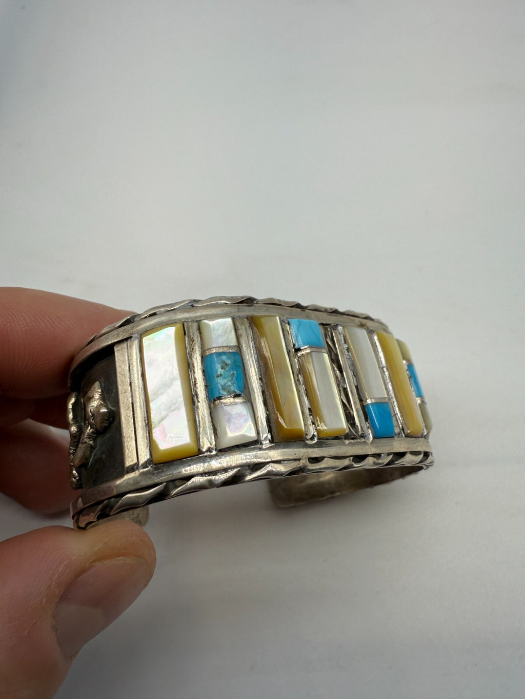 Vintage Navajo Sterling Silver Mother Of Pearl MOP Turquoise Inlay Cuff Bracelet
